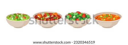 Vegan Dish and Main Course with Vegetables Served in Bowl Vector Set