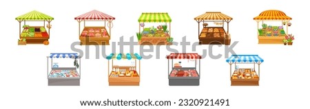 Street Market Stall and Stand with Awning and Various Products Vector Set