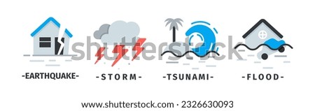 Natural Disaster Icons with Earthquake, Storm, Tsunami and Flood Vector Set