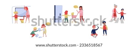 Kids with Good Manners Say Thank You, Share Toy, Lead Senior Across Road, Open Door for Woman Vector Set