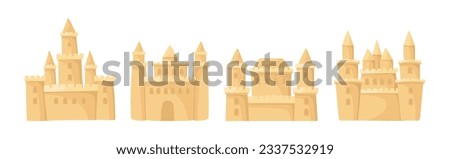 Built Sand Castle with Towers and Castellation Wall Vector Set