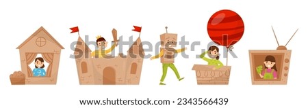 Kids with Cardboard Box Playing Creative Crafted Toy and Game Vector Set