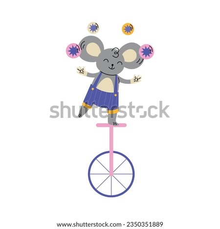 Circus Grey Mouse Animal Ride Unicycle and Juggling Balls Vector Illustration
