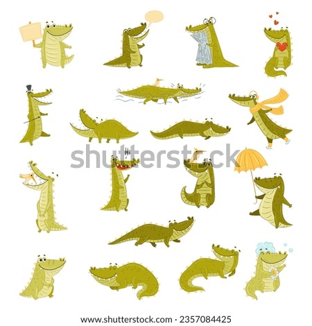 Cute Crocodile Character Engaged in Different Activity Big Vector Set