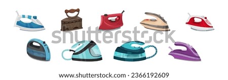 Clothes Iron as Home Appliance for Removing Creases on Clothing Vector Set