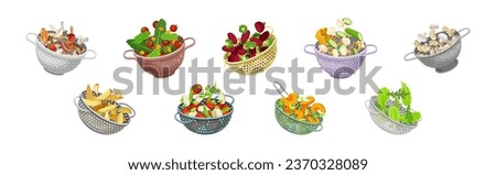 Colander with Mushroom and Vegetables for Washing Vector Set