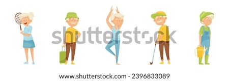 Active Elderly People Characters Enjoy Thei Hobby and Lifestyle Vector Set