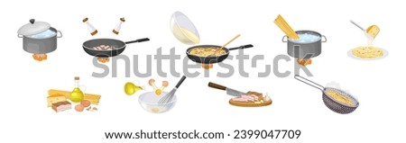 Pasta Cooking Process with Frying, Mixing in Bowl and Colander Vector Set