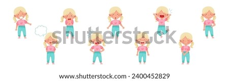 Little Blonde Girl Character with Facial Expression Vector Set