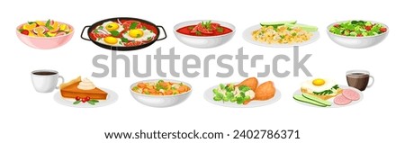 Nutritious Tasty Dishes Served on Plates Vector Set