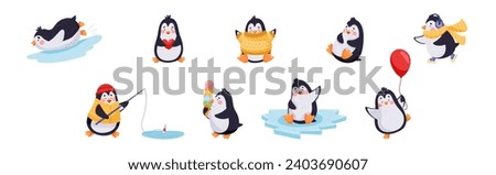 Cute Penguin Character Engaged in Different Activity Vector Set