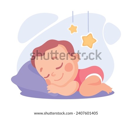 Baby Little Boy with Cute Face Sleep on Soft Pillow Vector Illustration