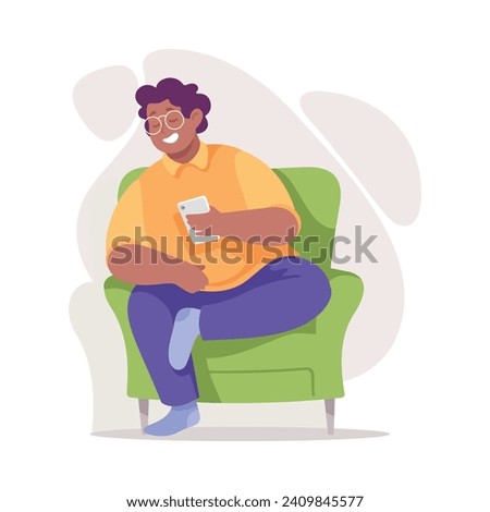 Body Positive Happy Man Character with Cheerful Smile Sit on Armchair with Smartphone Vector Illustration