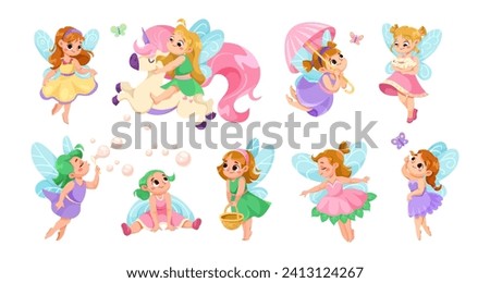 Cute Fairy and Little Pixie with Wings Vector Set