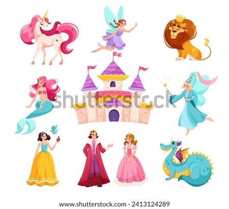 Good Fairytale Characters with Unicorn, Fairy, Lion, Mermaid, Dragon, Prince and Princess Vector Set