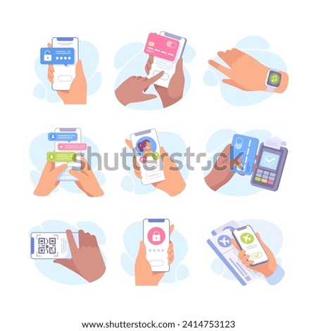 Hand with Smartphone Device Use Different App Vector Set