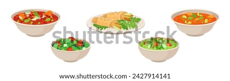 Different Food and Meal Served on Plate Vector Set