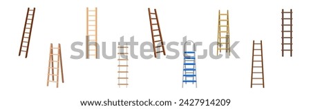 Wooden and Metal Step Ladder for Domestic and Construction Need Vector Set