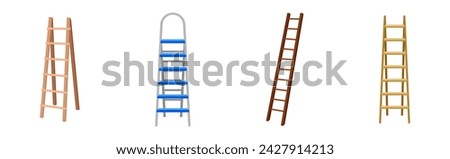 Wooden and Metal Step Ladder for Domestic and Construction Need Vector Set