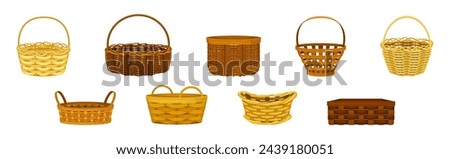Wicker Basket as Handmade Straw Container with Handle Vector Set
