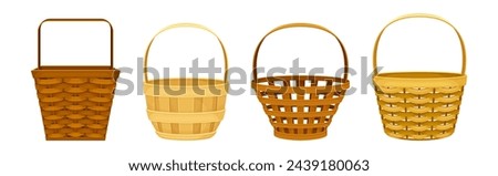 Wicker Basket as Handmade Straw Container with Handle Vector Set