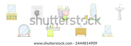 Bathroom Object with Washing Machine, Rail, Mirror and Sink Vector Set