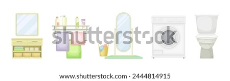 Bathroom Object with Toilet Bowl, Washing Machine, Mirror and Rail Vector Set