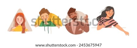 People Characters Looking Out of Window of Geometrical Shape Vector Set