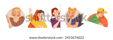 People Characters Looking Out of Window of Geometrical Shape Vector Set