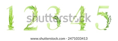 Number Decorated with Green Foliage and Leaf Vector Set