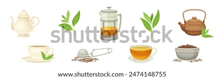 Tea Brewing with Teapot and French Press Vector Set