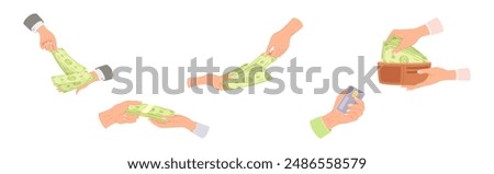 Hand Holding Money with Dollar Banknote Vector Set