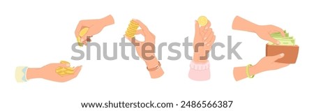 Hand Holding Money with Dollar Banknote and Coins Vector Set