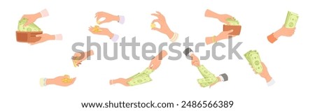 Hand Holding Money with Dollar Banknote and Coins Vector Set