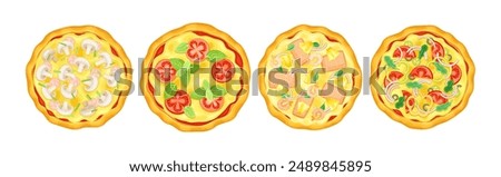 Tasty Pizza Whole and Round with Topping Vector Set