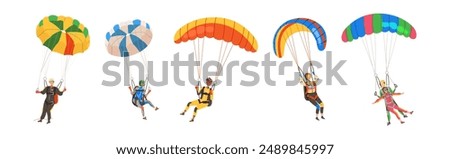 People Character with Parachute Skydiving Floating in Sky Vector Set