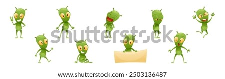 Funny Green Alien Character with Big Eyes and Small Antenna on Head Engaged in Different Action Vector Set