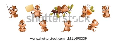 Funny Chipmunk Character with Cute Snout Engaged in Different Activity Vector Set