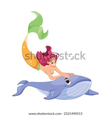 Pretty Mermaid Character with Fish Tail and Female Body with Whale Vector Illustration