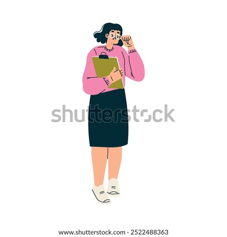 Multitasking Woman Character Doing Multiple Task Stand with Clipboard Vector Illustration