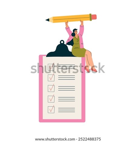 Multitasking Woman Character Doing Multiple Task Sit on Clipboard with Pencil Vector Illustration