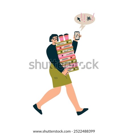 Multitasking Woman Character Doing Multiple Task Carry Pile of Folder with Coffee Vector Illustration