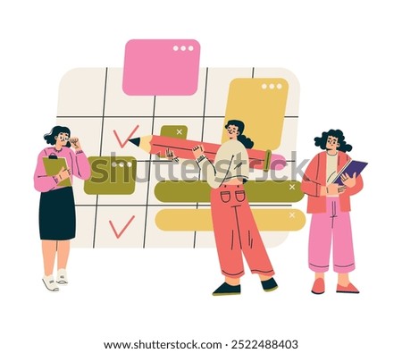 Multitasking Woman Character Doing Multiple Task Tick on Calendar Vector Illustration