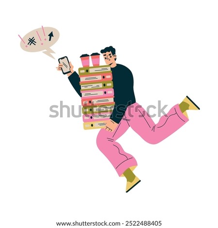 Multitasking Man Character Doing Multiple Task Carry Pile of Folder with Coffee Vector Illustration