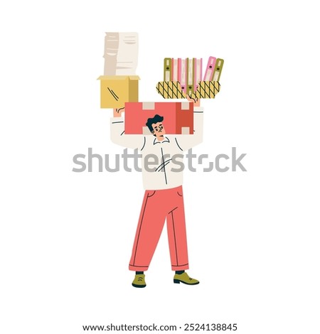 Multitasking Man Character Doing Multiple Task Carry Folder and Document Vector Illustration