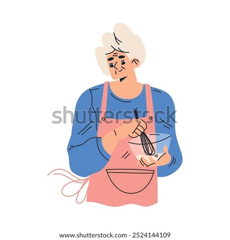 Senior Woman Character in Apron Cooking with Whisk and Bowl Vector Illustration