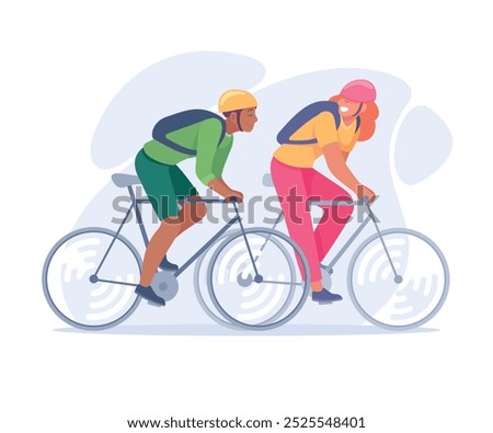 Good Company with Man and Woman Friend Ride Bicycle Vector Illustration