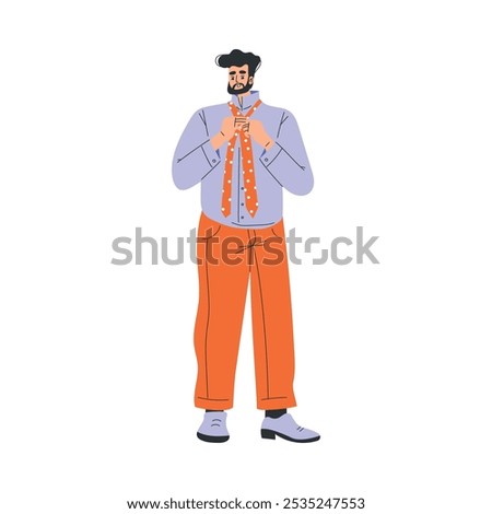 Man Character Dress Up Put On Tie Clothes Vector Illustration