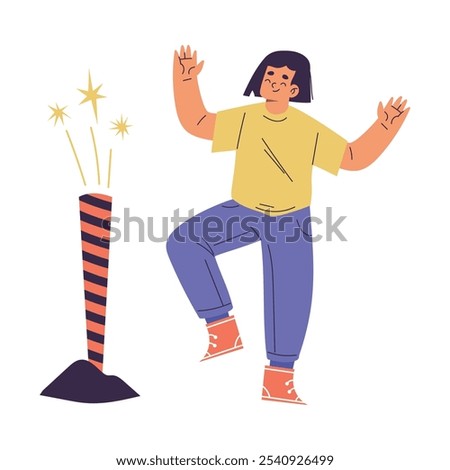 Happy Boy Character Setting Off Firework Vector Illustration