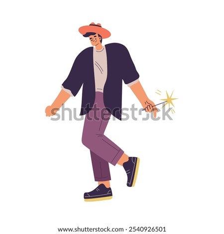 Young Man Character Setting Off Firework Vector Illustration